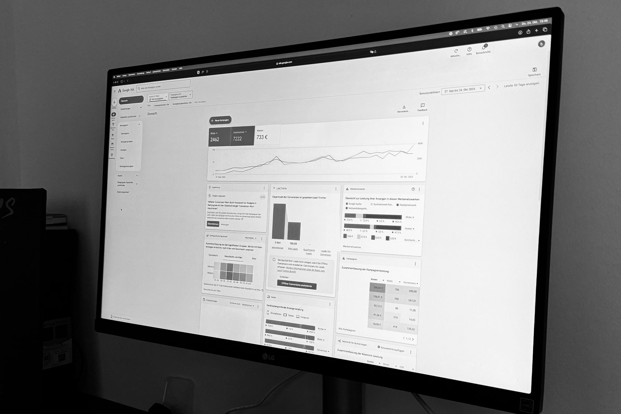 Headerbild Ein Computermonitor zeigt in einem schwach beleuchteten Raum ein Analyse-Dashboard mit Grafiken, Diagrammen und Datenmetriken auf einer überwiegend weißen Oberfläche an.